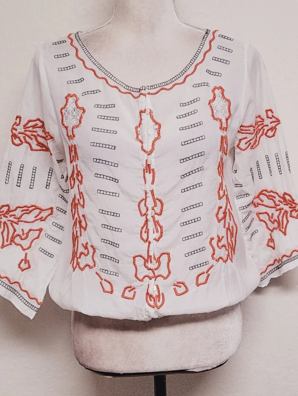 Free People White Burnt Orange Floral Flared Quarter Sleeve Blousen Top XS
